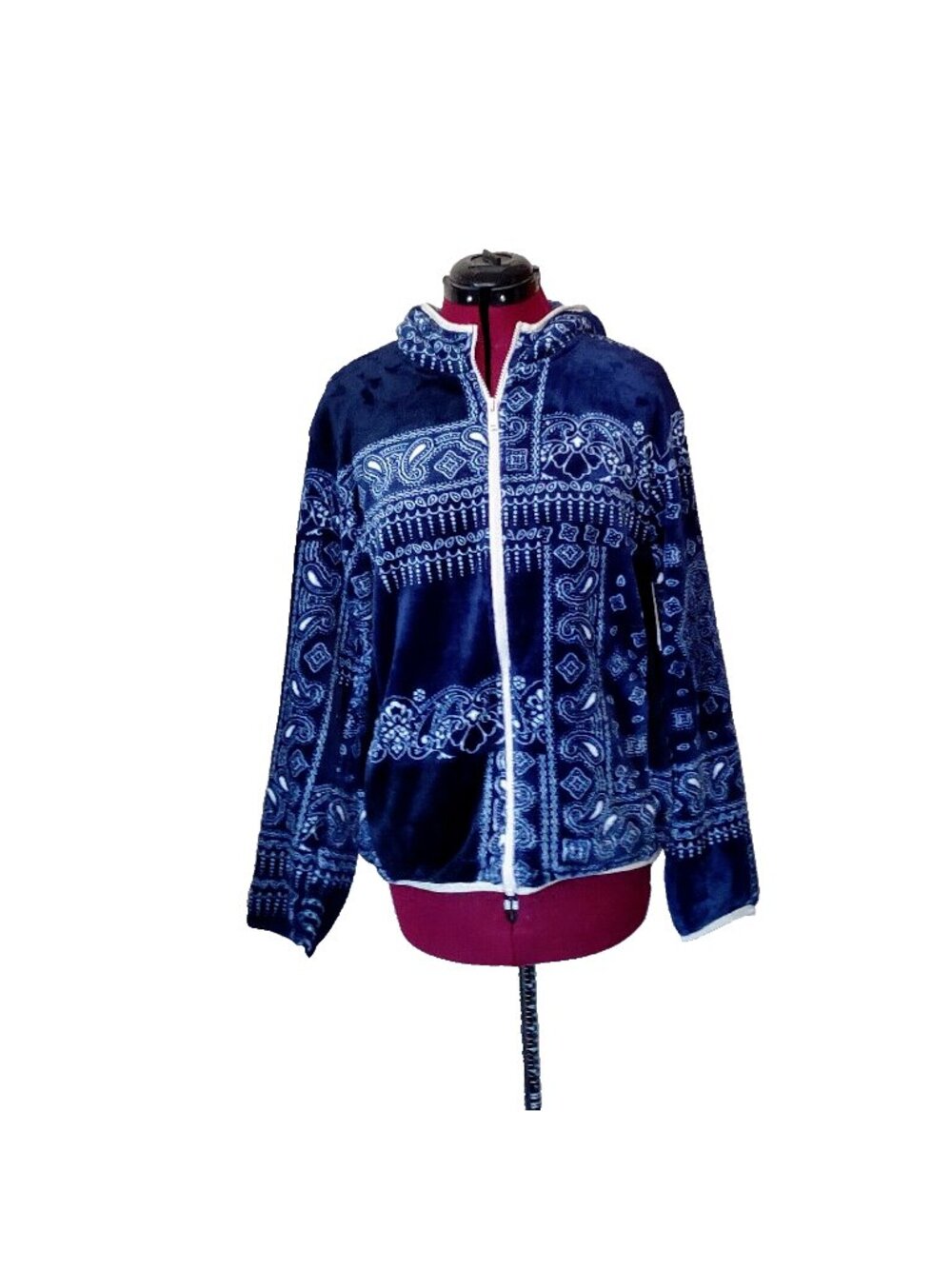 BP Nordstrom Jacket Small S Navy Blue Bandana Patchwork Full Zip Hooded Pocket
